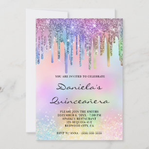 Convite Holo Glitter Rainbow Drives Quinceañera