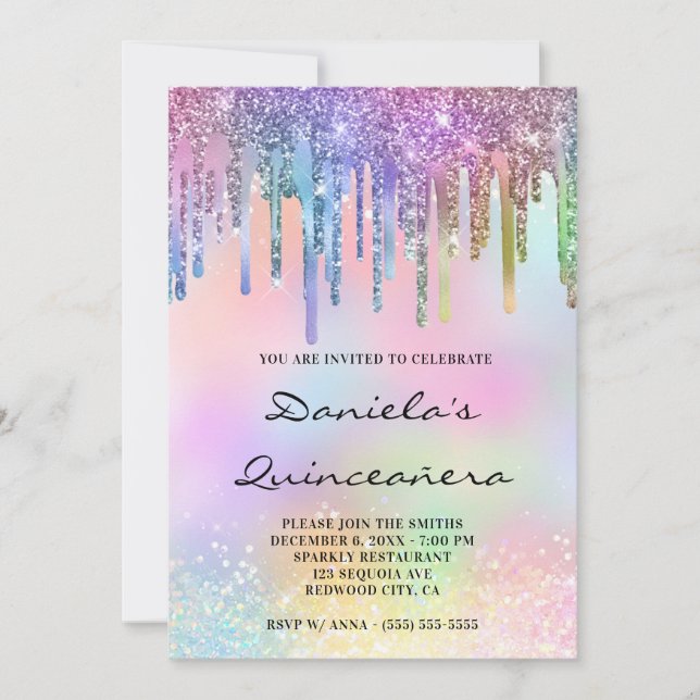 Convite Holo Glitter Rainbow Drives Quinceañera (Frente)