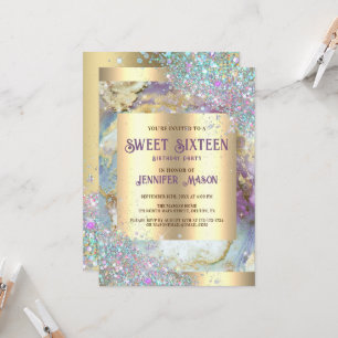 Convite Holográfico Glitter Moderno Dourado Marble Sweet 1