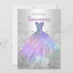 Convite Holograma de prata Vestido de relva Quinceañera Qu