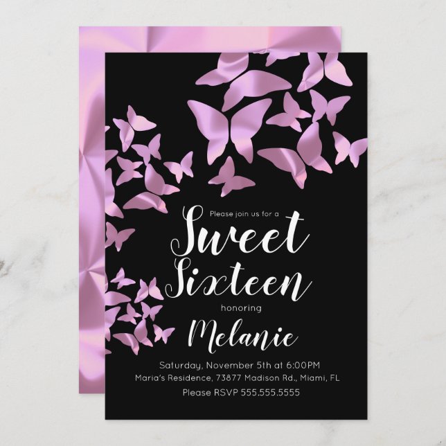 Convite Holographic Butterflies Rosa Doce Dezesseis Festa (Frente/Verso)