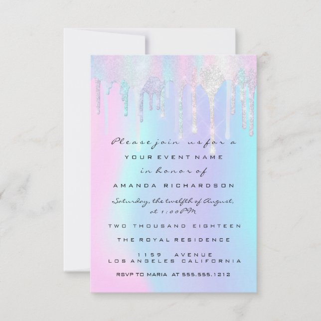 Convite Holographic Drips Pink Unicorn Sweet 16th Mermaid (Frente)
