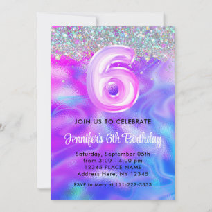 Convite Holographic Glitter 6 Girly Purple Birday