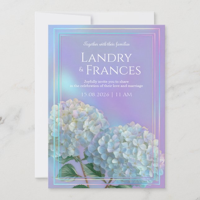 Convite Holographic Linear Lavender Hydrangea Wedding (Frente)