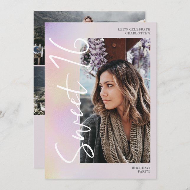 Convite Holographic ombre script teal 4 foto Sweet 16 (Frente/Verso)