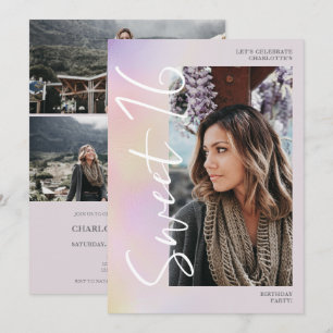 Convite Holographic ombre script teal 4 foto Sweet 16