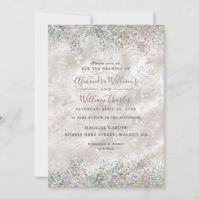 Convite Holographic Sparkly Glitter Elegant Ivory Wedding (Frente)