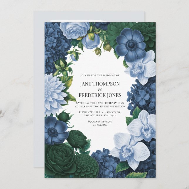Convite Holstein Blue, Silver Slate & Smoky Pine Wedding (Frente/Verso)