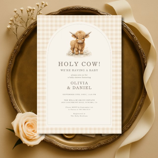 Convite Holy Cow Highland Cow Gingham Baby Shower (Criador carregado)