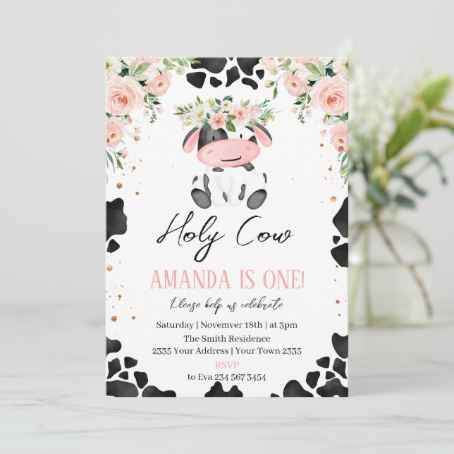 Convite Holy Cow I'm One. Little Cow. Floral Birthday (Em pé/Frente)