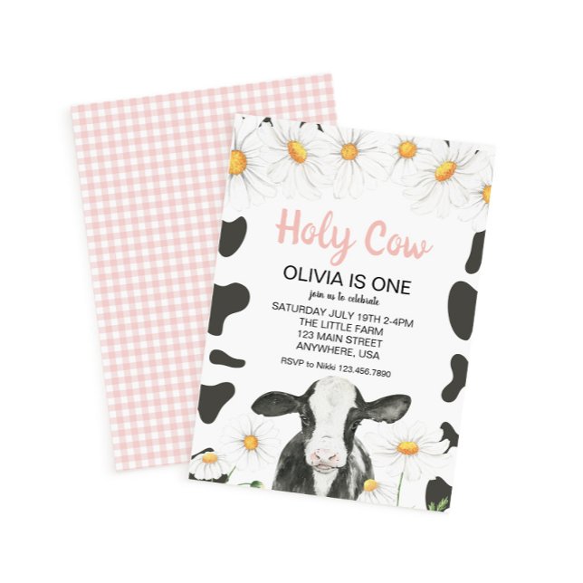 Convite Holy Cow I'm One Pink Gingham Daisy Birthday (Criador carregado)