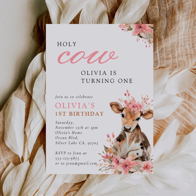 Convite Holy Cow Pink 1st Birthday Party (Criador carregado)