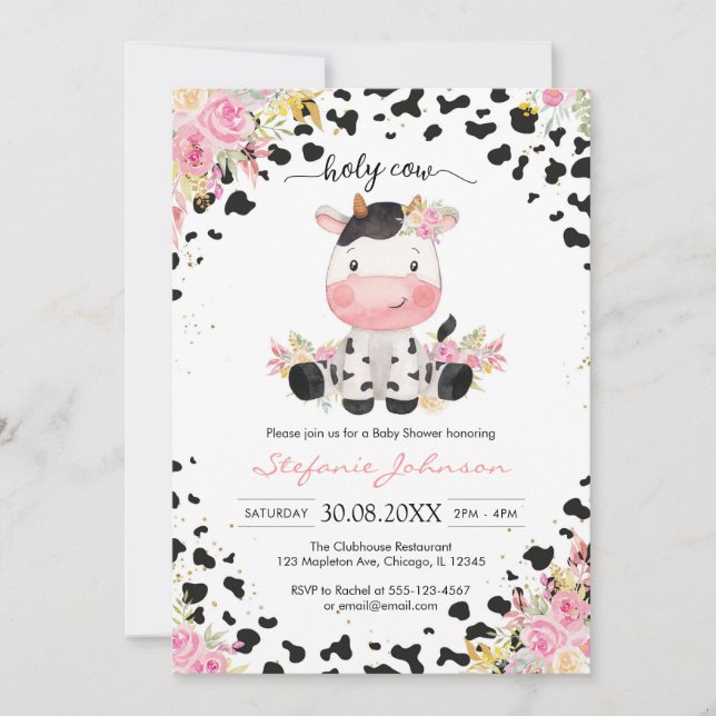 Convite Holy Cow Pink Floral Cowgirl Baby Shower (Frente)