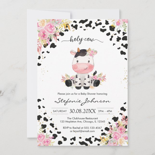 Convite Holy Cow Pink Floral Cowgirl Baby Shower (Frente)