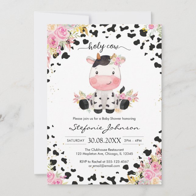 Convite Holy Cow Pink Floral Cowgirl Baby Shower (Frente)