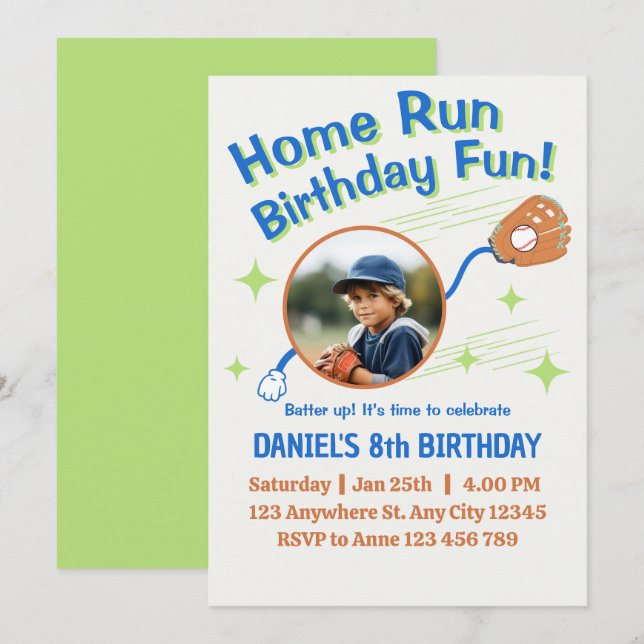 Convite Home Run Baseball Birthday Kids (Frente/Verso)