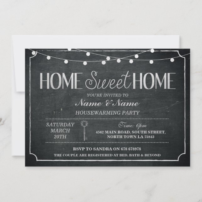 Convite Home Sweet Home Housearming Black & Silver Conite (Frente)