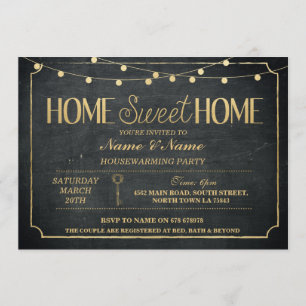 Convite Home Sweet Home Housewiarming Black Dourado Chave 