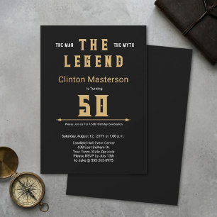 Convite Homem Mito Lenda Preto Dourado Elegante 50º Aniver