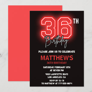 Convite Homens Esporte Neon Preto Vermelho 36º aniversário