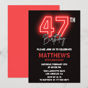 Convite Homens Esporte Neon Preto Vermelho 47º aniversário