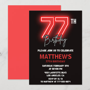 Convite Homens Esporte Neon Preto Vermelho 77º aniversário