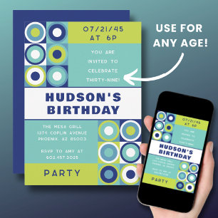 Convite Homens Moderno de Aniversário Retron Qualquer Verd