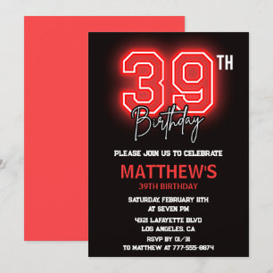 Convite Homens Neon Preto Vermelho Esporte 39º aniversário