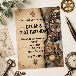 Convite Homens Steampunk Vintage Aniversário de 21 anos St