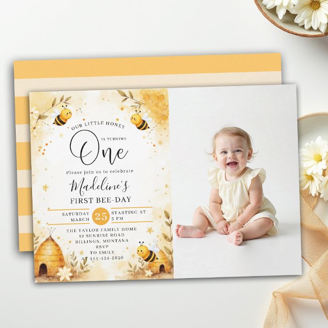 Convite Honey Bee-Day Watercolor Cute Photo 1st Birthday (little honey bee one first birthday party photo invitation floral watercolor summer modern)