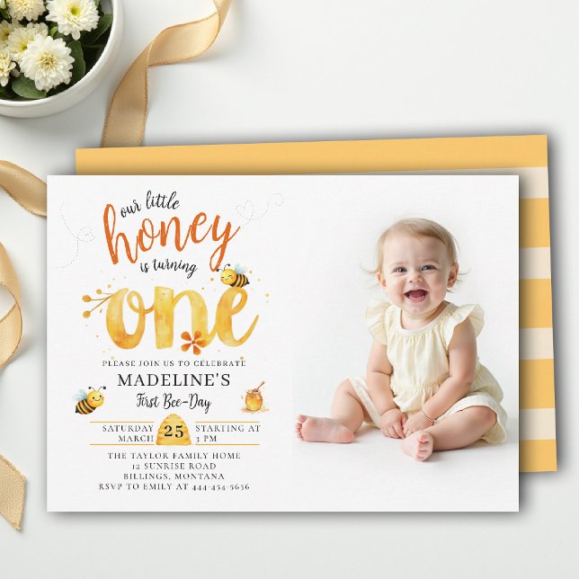 Convite Honey Bee-Day Whimsical Cute Photo 1st Birthday (little honey bee one first birthday photo invitation wildflowers watercolor summer whimsical)