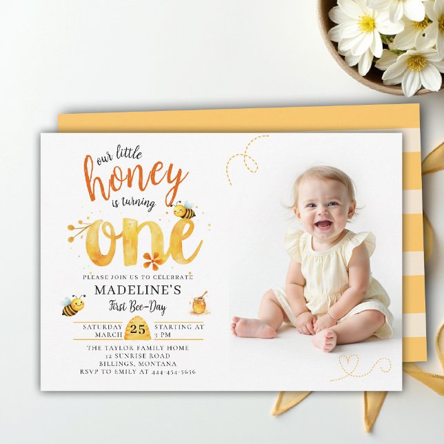 Convite Honey Bee Heart Whimsical Cute Photo 1st Birthday (little honey bee one first birthday photo invitation wildflowers watercolor summer whimsical heart)