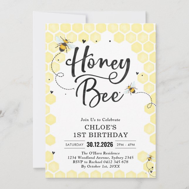 Convite Honey One Honey Bee 1st Birthday Invitation (Frente)