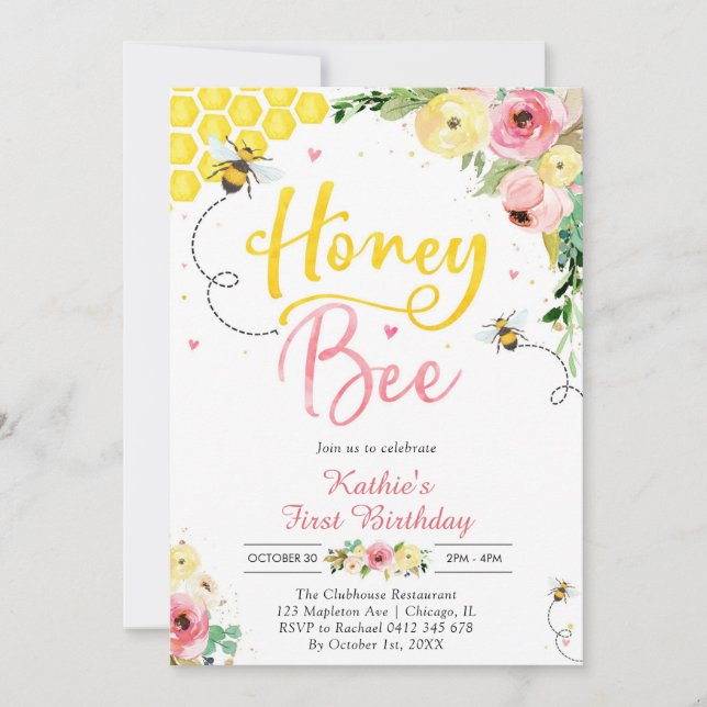 Convite Honey One Honey Bee 1st Birthday Invitation (Frente)