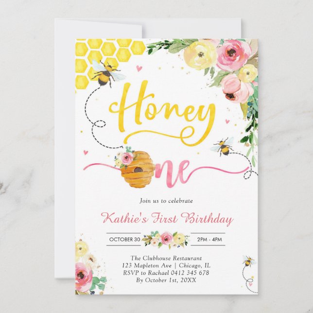 Convite Honey One Honey Bee 1st Birthday Invitation (Frente)