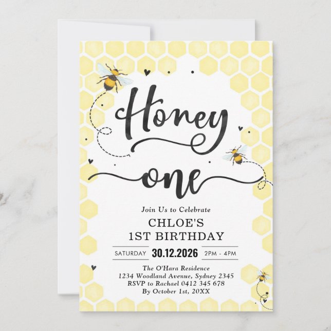 Convite Honey One Honey Bee 1st Birthday Invitation (Frente)