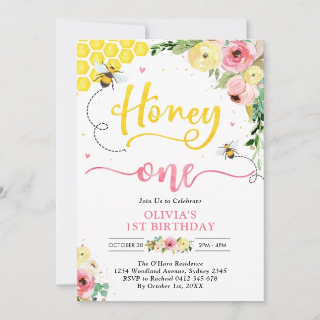Convite Honey One Honey Bee 1st Birthday Invitation (Frente)