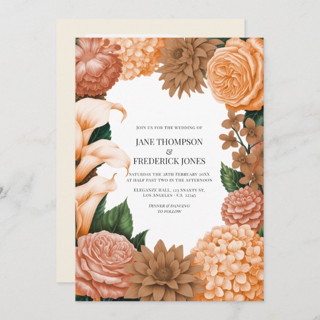 Convite Honey Rose, Apricot Fleur & Toffee Bloom Wedding (Frente/Verso)