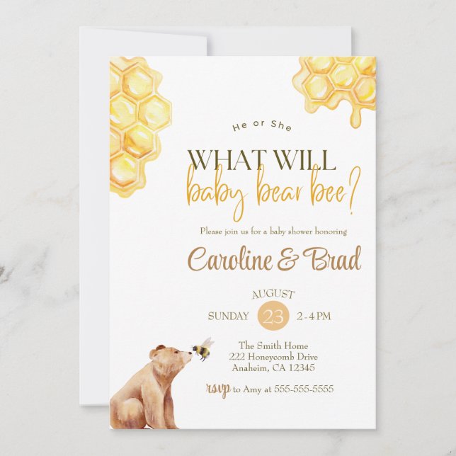 Convite Honeycomb o que será o bebê urso Chá de fraldas (Frente)