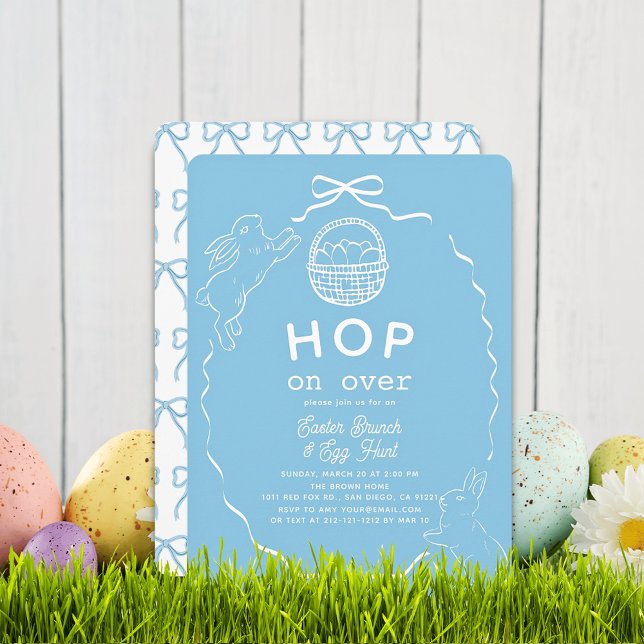 Convite Hop on Over Blue Bow Bunny Easter Brunch (Criador carregado)