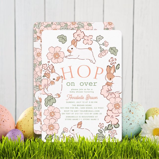 Convite Hop on Over Bunny Boho Floral Girl Baby Shower (Criador carregado)