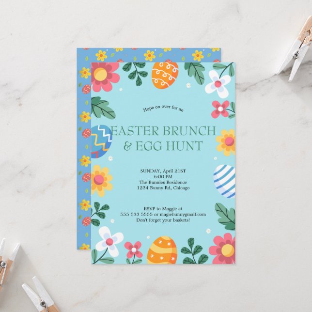 Convite Hop on Over Easter Brunch Egg Hunt Bunny Floral (Frente/Verso In Situ)