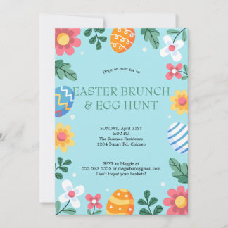 Convite Hop on Over Easter Brunch Egg Hunt Bunny Floral
