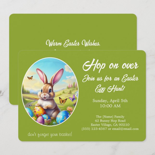 Convite Hop on Over Easter Egg Hunt Bunny Green -  (Frente/Verso)