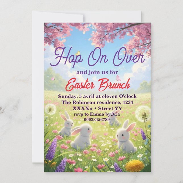 Convite Hop on Over Easter Floral  Bunny Spring Brunch (Frente)
