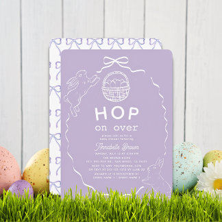 Convite Hop on Over Lavender Bow Bunny Baby Shower
