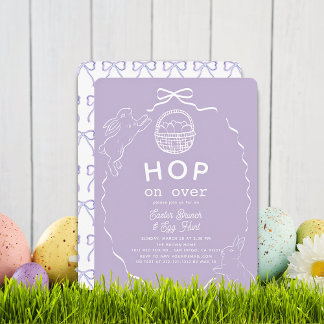 Convite Hop on Over Lavender Bow Bunny Easter Brunch