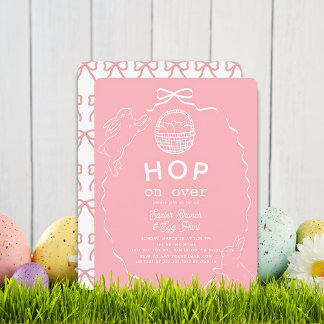 Convite Hop on Over Pink Bow Bunny Easter Brunch