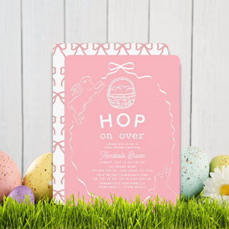 Convite Hop on Over Pink Bow Girl Bunny Baby Shower