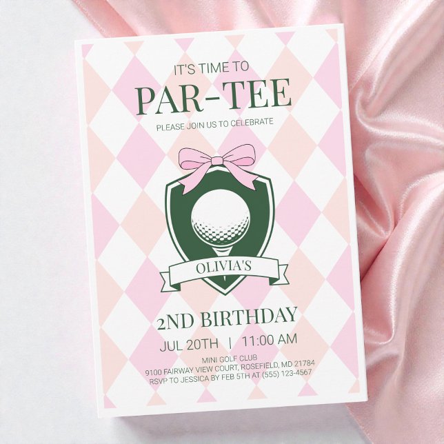 Convite Hora da Festa Par-Tee Garotas Pink Golf Festa de 2 (Time to Par-Tee Pink Girls Golf 2nd Birthday Party Invitation)